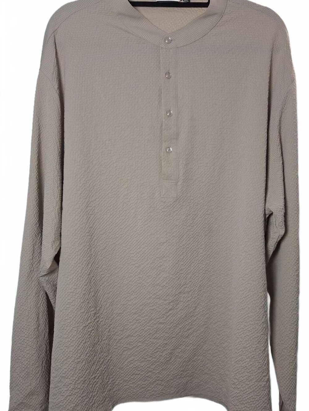 Men's Beige Textured Long Sleeve Button-Up Shirt with Mandarin Collar